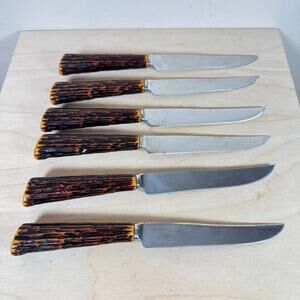 VTG Westall Richardson Sheffield England 6 Steak Knifes Bakelite Antler Handles